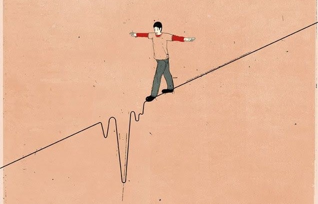 a boy standing on a thread trying to maintain balance with the thread acting as a heartbeat in between which describes highs and lows of continuing something.